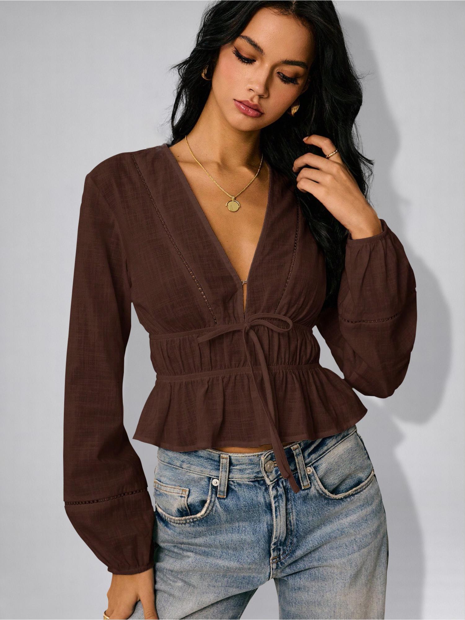 Womens Brown Solid Deep Drawstring Waist Ruffle Hem Peplum Top-picture-28