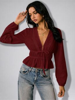Twenty Dresses by Nykaa Fashion - Womens Maroon Solid Drawstring Waist Peplum Top