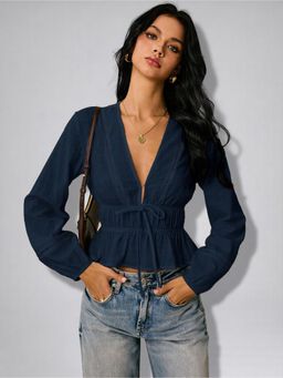 Twenty Dresses by Nykaa Fashion - Womens Navy Blue Solid Drawstring Waist Peplum Top