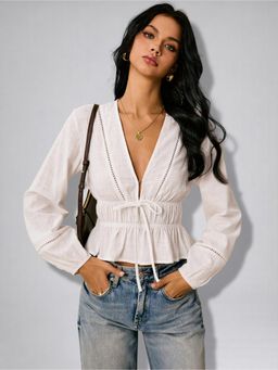 Twenty Dresses by Nykaa Fashion - Womens White Solid Deep Drawstring Waist Ruffle Hem Peplum Top
