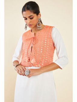 Soch - Women Peach Cotton Embroidered Jacket