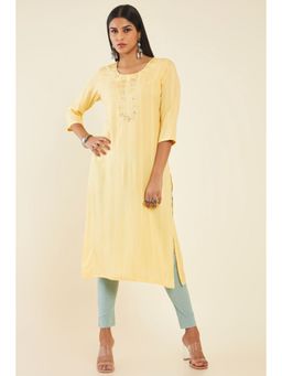 Soch - Women Mustard Rayon Embroidered Kurta