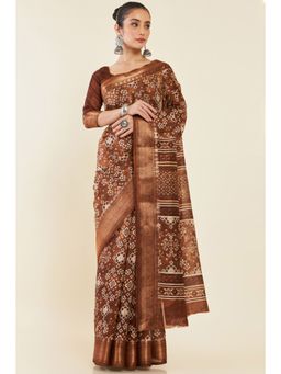 Soch - Women Brown Chanderi Printed Saree with Unstitched Blouse