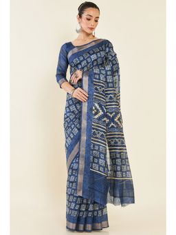 Soch - Women Blue Chanderi Printed Saree with Unstitched Blouse
