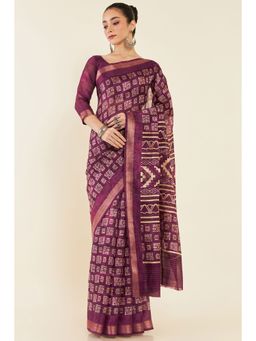 Soch - Women Wine Chanderi Printed Saree with Unstitched Blouse