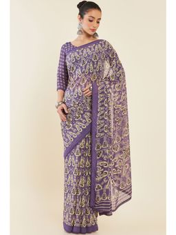 Soch - Women Purple Chiffon Printed Saree with Unstitched Blouse