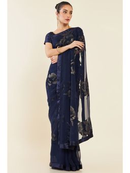 Soch - Women Navy Blue Georgette Woven Saree with Unstitched Blouse