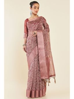 Soch - Women Mauve Chanderi Printed Saree with Unstitched Blouse