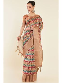 Soch - Women Brown Chanderi Printed Saree with Unstitched Blouse