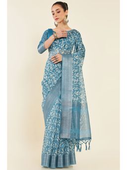 Soch - Women Teal Chanderi Printed Saree with Unstitched Blouse