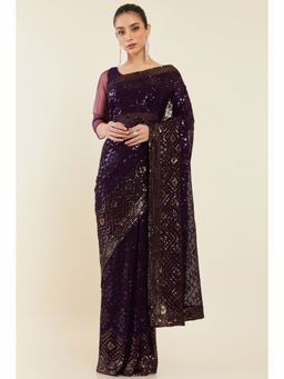 Soch - Women Wine Georgette Embellished/Sequined Saree with Unstitched Blouse