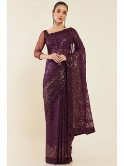 Soch - Women Wine Georgette Embellished/Sequined Saree with Unstitched Blouse