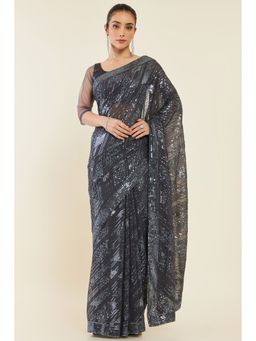Soch - Women Charcoal Georgette Embellished/Sequined Saree with Unstitched Blouse