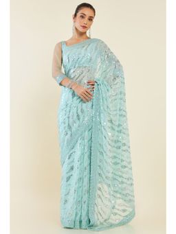 Soch - Women Blue Georgette Embellished/Sequined Saree with Unstitched Blouse