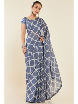 Soch - Women Blue Chiffon Printed Saree with Unstitched Blouse