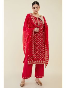 Soch - Women Red Organza Embroidered Dress Material (Set of 3)