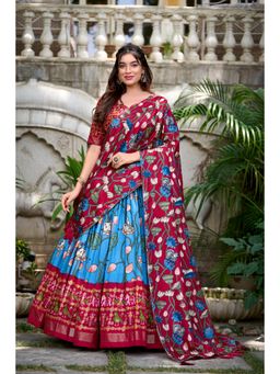 LooknBook Art - Firozi Colour Tussar Silk with Pichwai and Patola Print Lehenga with Unstitched Choli (Set of 3)