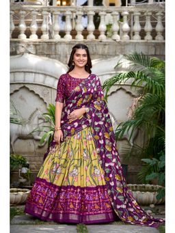 LooknBook Art - Yellow Colour Tussar Silk with Pichwai and Patola Print Lehenga with Unstitched Choli (Set of 3)