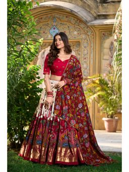 LooknBook Art - Off White Colour Tussar Silk with Kalamkari Print Lehenga with Unstitched Choli (Set of 3)