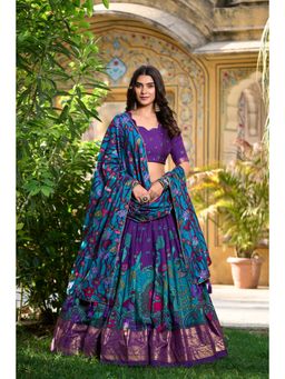LooknBook Art - Purple Colour Tussar Silk with Kalamkari Print Lehenga with Unstitched Choli (Set of 3)