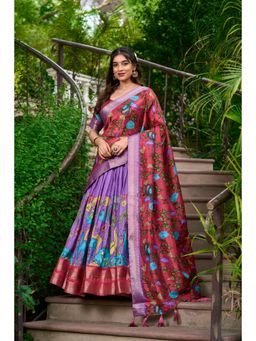 LooknBook Art - Lavender Colour Dola Silk with Kalamkari Print Lehenga with Unstitched Choli (Set of 3)