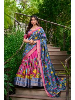 LooknBook Art - Mustard Colour Dola Silk with Kalamkari Print Lehenga with Unstitched Choli (Set of 3)