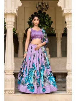 LooknBook Art - Lavender Colour Tusser Silk with Printed Lehenga with Unstitched Choli (Set of 3)