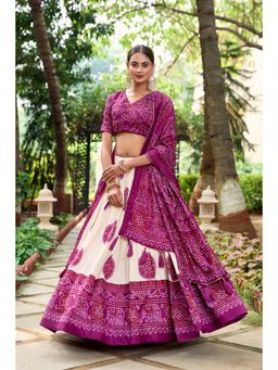 LooknBook Art - Wine Colour Tussar Silk with Bandhej Print Lehenga with Unstitched Choli (Set of 3)