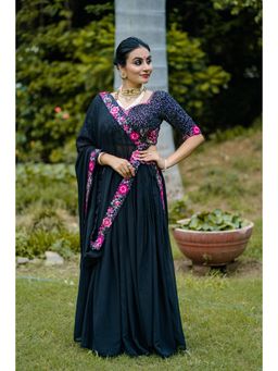 LooknBook Art - Black Colour Georgette Lehenga with Unstitched Choli (Set of 3)