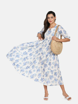 Powersutra - Blue & White Print Tiered Long Cotton Dress
