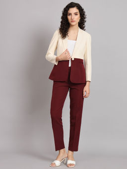 Powersutra - Colourblocked Pant Suit Maroon & Off White (Set of 2)