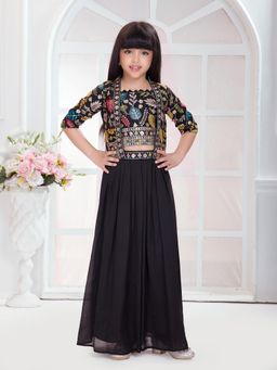 Tiny Kingdom - Three Fourth Sleeves Embroidered Top & Palazzo with Jacket - Black