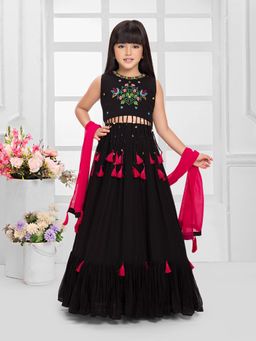 Tiny Kingdom - Sleeveless Mirror Work Choli & Lehenga with Dupatta - Black