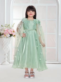 Tiny Kingdom - Satin Woven Cape Flower Broach Designed Gown - Green