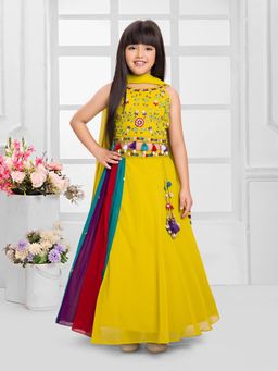 Tiny Kingdom - Sleeveless Flower Embroidered Choli & Lehenga with Dupatta - Yellow
