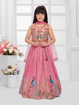 Tiny Kingdom - Sleeveless Peacock Embroidered Choli & Lehenga with Dupatta - Pink