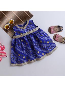 Many Frocks - Bandhani Printed Sleeveless Knee Length Ethnic Dress - Blue