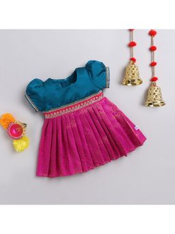 Many Frocks - Lace Embellished Puff Sleeves Knee Length Ethnic Dress - Multi-Color