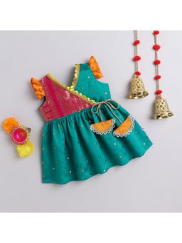 Many Frocks - Flutter Sleeves Latkan Embellished Knee Length Ethnic Dress - Green