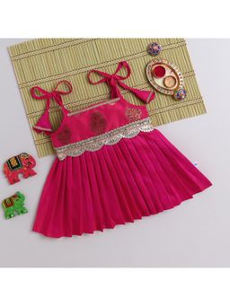 Many Frocks - Brocade Silk Sleeveless Lace Embellished Knee Length Ethnic Dress - Pink