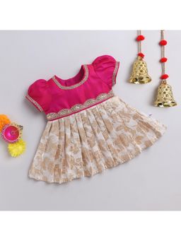 Many Frocks - Lace Embellished Puff Sleeves Knee Length Ethnic Dress - Multi-Color