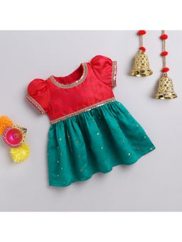 Many Frocks - Multi-ColorLace Embellished Puff Sleeves Knee Length Ethnic Dress - Multi-Color