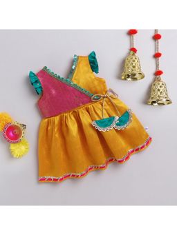 Many Frocks - Flutter Sleeves Latkan Embellished Knee Length Ethnic Dress - Yellow