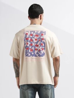 Calvin Klein - Printed Relaxed Fit Cotton Beige T-Shirt