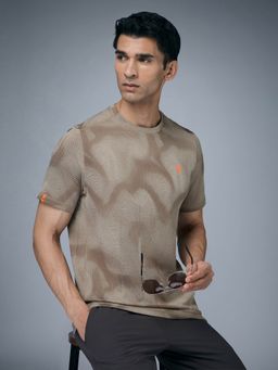 Technosport - Men Jacquard Slim Fit Crew Neck Sports Khaki T-Shirt