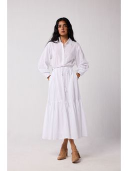 Reistor - Embroidered Flowy Midi Tiered Dress In White