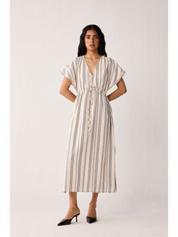 Reistor - Midi Gathered Dress with Side Slits In Stripes