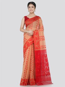 PinkLoom - Women's Soft Cotton Jamdani Saree Without Blouse Piece, Beige