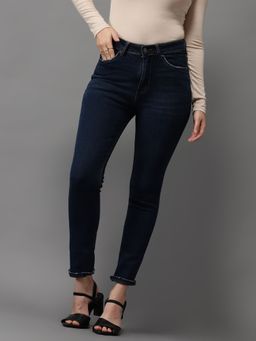 SHOWOFF - Womens High-rise Navy Blue Low Distress Jeans