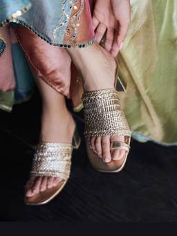 Fizzy Goblet - Gold-Rattan Radiance Kolha Block Mules Heels